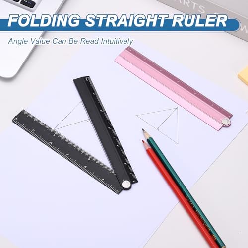 HARFINGTON Folding Straight Ruler 12" SAE Aluminum Alloy Protractor Foldable Angle Ruler Geometric Measuring Tools with Angle Line for Architects Artists Designers Classroom Office, Pink