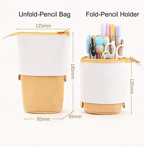 Telescopic Pencil Bag Pen Holder Stationery Case, PU Corduroy Stand-up Retractable Transformer Bag Colorful Organizer, Great for Christmas Holiday (Black)