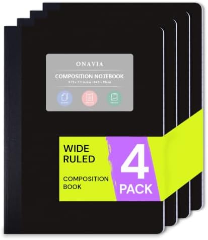 ONAVIA Plastic Composition Notebook Wide Ruled 4 Pack, 160 Pages, Black