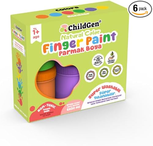ChildGen Washable Finger Paint Set for Kids, 6 Bright Non-Toxic Colors – Safe, Easy Clean, Arts & Crafts Paint for Toddlers & Children