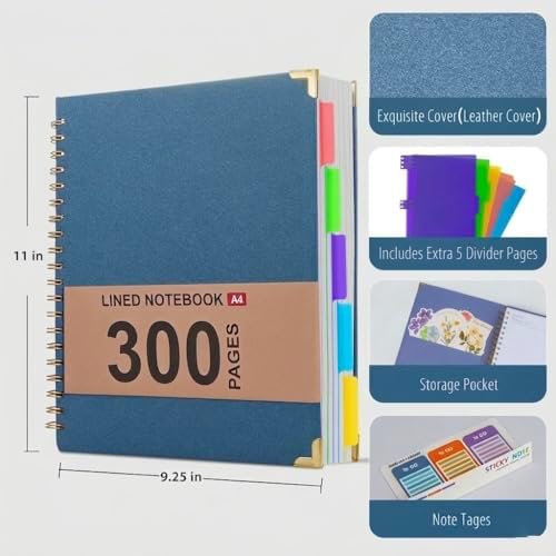 Hardcover Leather Spiral Notebook 8.5" x 11" with Removable Dividers, 300 Pages 5 Subject College Ruled Notebook for Work with Tabs, A4 Spiral Journal for Women Men, School Students Note Taking, Navy