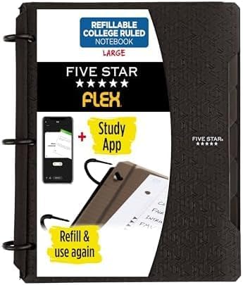 Five Star Flex Refillable Notebook + Study App, College Ruled Paper and 1 Inch TechLock Ring Binder with Pockets, Tabs and Dividers, 200 Sheet Capacity, Black (29328AA2) (Pack of 6)