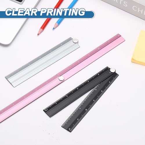 HARFINGTON Folding Straight Ruler 12" SAE Aluminum Alloy Protractor Foldable Angle Ruler Geometric Measuring Tools with Angle Line for Architects Artists Designers Classroom Office, Pink