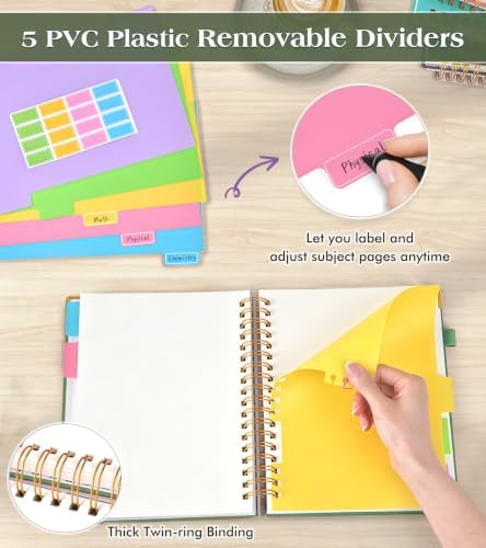 5 Subject Blank Notebook with Removable Dividers Tabs, 300 Pages Hardcover Leather Sketch Book Spiral Journal, 8"x10" B5 Large Sketchbook Notebooks for Women Men Work School Sketching Drawing, Green