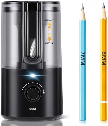 Deli Electric Pencil Sharpener, Fully Automatic Pencil Sharpener for 6.9-8mm No.2 & Colored Pencils, Auto in & Out, Rechargeable Hands-Free Sharpener for Classroom, Home, Office, Black