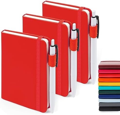 feela 3 Pack Pocket Notebook Journals with 3 Black Pens, A6 Mini Cute Small Journal Notebook Bulk Hardcover College Ruled Notepad with Pen Holder for Office School Supplies, 3.5”x 5.5”, Red