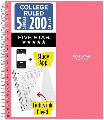 Five Star Spiral Notebook + Study App, 5 Subject, College Ruled Paper, 8-1/2" x 11", 200 Sheets, Fights Ink Bleed, Water Resistant Cover, Prom Pink (820004R)