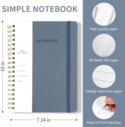 Spiral Notebook - 7.24" x 10" College Ruled Journal with Inner Pockets and 180 Pages, PU Leather Cover Business Journal, Twin-Wire Binding Notebook Perfect for Office & Home School Supplies ReefBlue