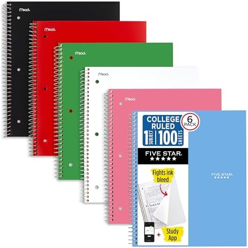 Five Star Spiral Notebook + Study App, 1 Subject, College Ruled Paper, 8.5" x 11", 100 Sheets, Assorted Colors, 6 Pack (38052)