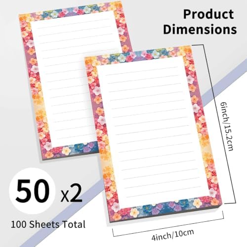 2 Pack Lined Sticky Notes 4x6 in, Cute Self-Stick Notepads with Lines, Large Memo Pads Strong Adhesive for Office, Home Colorful Small Flowers