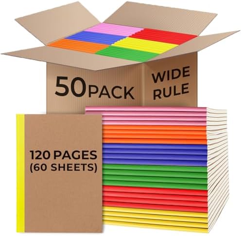 Rosmonde 50 Pack A5 Kraft Notebook, Wide Ruled, Bulk Journal Notebook A5