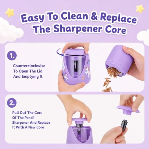 homicozy Electric Pencil Sharpeners for Kids, Cute Small Pencil Sharpener for Home Classroom, Battery Pencil Sharpener Electric Plug in, with Erasers DIY Stickers Note Pad (Purple Battery)