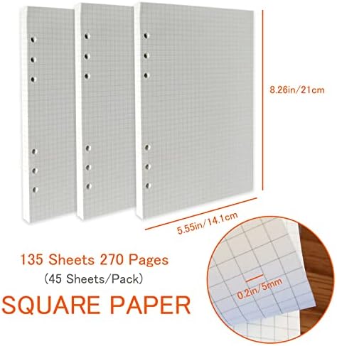 DY.2ten A5 6-Hole Binder Notebook Refills Set - 135 Sheets (270 Pages) Graph Paper + 2pcs A5 Zipper Binder Pockets + 5 Pcs A5 Dividers + Index Note Tabs + index with date + Ruler
