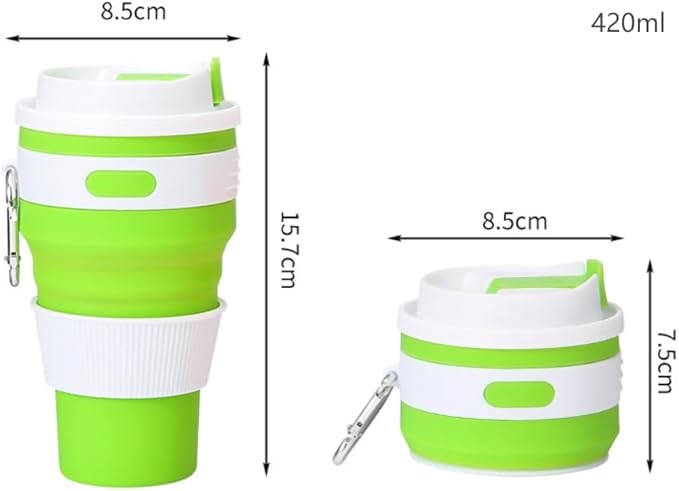 Foldable silicone coffee cup, 16 oz portable eco-friendly water cup with double lids, storage with hanging ring to save space, suitable for outdoor hiking, camping, cycling, car use (Green 420ML)