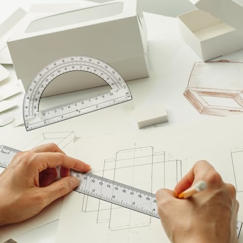 2 Packs 12 Inch Plastic Ruler and 6 Inch Plastic Protractor Set Clear Math Geometry Set Classroom Set Angle Detector School Supplies Classroom Ruler Home Office Drawings (Transparent)
