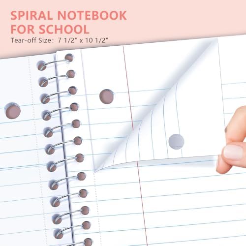 Pastel Pink Spiral Notebook, 1 Subject College Ruled, 10.5 x 8 in, 100 Sheets, 3-Hole Punched Perforated Pages, Flexible Plastic Cover, Double Pocket Folder for School Notes