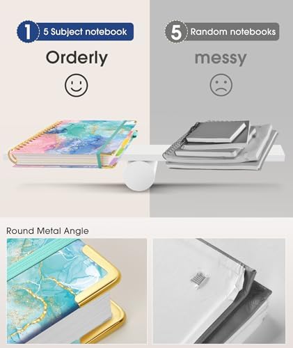Hardcover Spiral Notebook journal with Removable Dividers Tabs, 300 Pages 5 Subject Notebook College Ruled, 100GMS Notebooks for Work School Note taking,Lined Journal for Women,A5 Pink Blue Marble