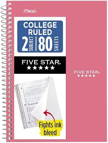 Five Star Spiral Notebook, 2 Subject, College Ruled Paper, 6" x 9-1/2", 80 Sheets, Fights Ink Bleed, Water Resistant Cover, Prom Pink (840029R)
