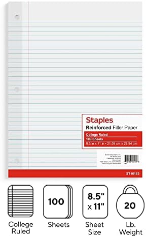 STAPLES College Ruled Filler Paper, 8.5” x 11”, 100 Sheets/Pack