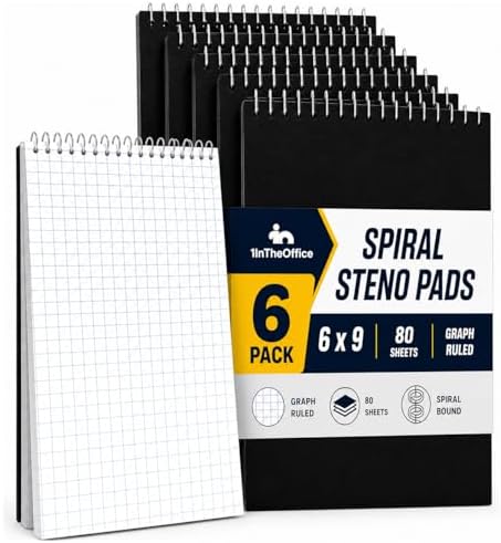 1InTheOffice Steno Pads Spiral 6x9 Quad Ruled, Graphing Paper Notebook Spiral, Top Bound, Graph Ruled, White, 80 Sheets, (6 Pads/Pack)