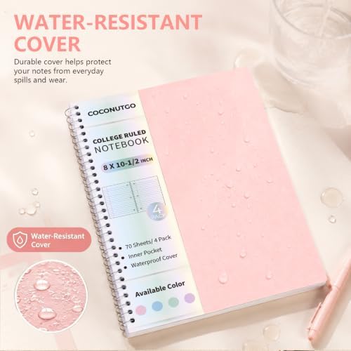 4 Pack Spiral Notebooks, 1 Subject College Ruled, 10.5 x 8 in, 70 Sheets Each, 3-Hole Punched Perforated Pages, Plastic Covers with Pockets, Silver Coil, Assorted Colors