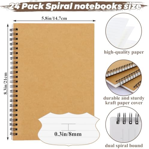 MIVIDE 48 Pack A5 Bulk Spiral Notebooks with Kraft Cover, 8.3 x 5.8 Inch 120 Pages Hardcover Spiral Lined Notebook Journal, Lined Travel Bulk Writing Paper Notebook for School Business Office Supplies