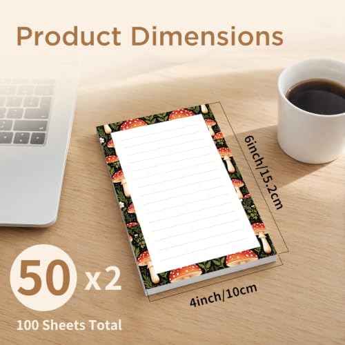 Lined Sticky Notes 4x6 in, 2 Pack Large Cute Notepads with Lines, Bright Post Memo Note Pads Big Rectangular Sticky Notes for Office Boho Mushroom Forest