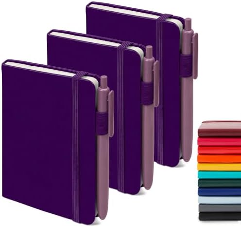 feela 3 Pack Pocket Notebook Journals, Mini Cute Small Journal Notebook Bulk Hardcover College Ruled Notepad with Pen Holder for Office School Supplies, with 3 Black Pens, 3.5”x 5.5”, A6, Purple