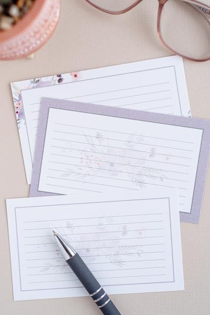Floral Index Cards by Pure Print and Design | Floral Flash Cards Perfect For Study Sessions & Learning | 100 Cards of Premium Quality with 5 Different Designs | White, Purple and Gray | 3x5 inches