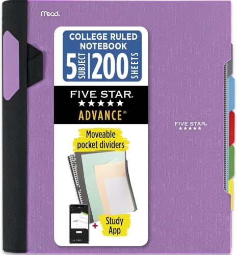 Five Star Advance Spiral Notebook + Study App, 5 Subject, College Ruled Paper, 8-1/2" x 11", 200 Sheets, Spiral Guard, Movable Tabbed Dividers, Amethyst Purple (820013G) (Pack of 6)
