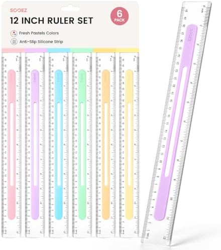 Sooez 6 Pack Ruler 12 Inch, Anti-Slip Clear Rulers for Kids School, Pastels