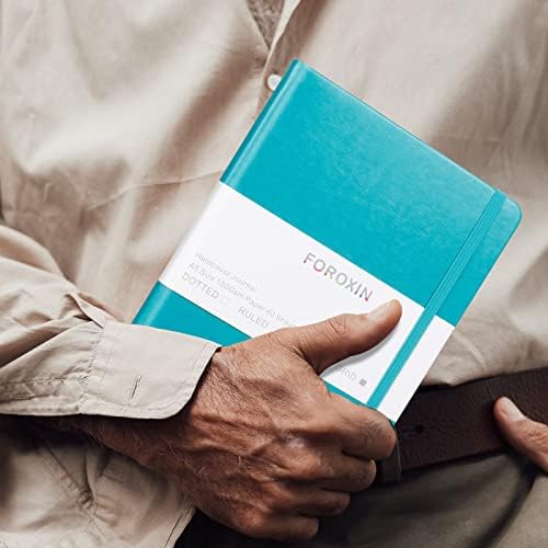Grid Journal Bullet Notebook - Turquoise Leather Cover, 8.3 x 5.7Inch, 160 Pages, 100gsm Paper, Hardcover with Inner Pocket, Elastic Closure and Ribbon Bookmark, Great for Women and Men