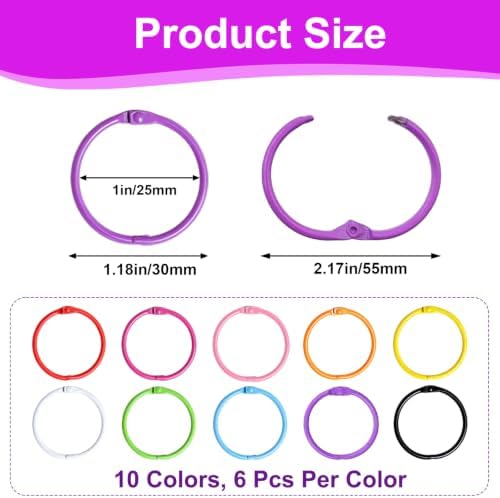 60 PCS Binder Rings 1 1/5", Colorful Metal Book Ring Clips, Loose Leaf Paper Rings for Crafts, Small Metal Key Rings for Index Cards, Open Card Rings Notebook Rings for Office School Home, 10 Colors