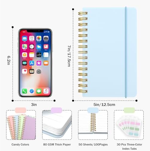 4 Pack 5x7 Small Spiral Notebook, Hardcover Spiral Journal Notebook with Removable Dividers Tabs, Note Books for Note Taking, Work, School, Cute Notebooks with Strap 50 Sheet