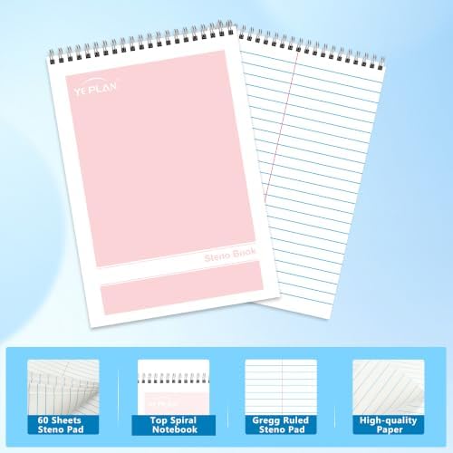 Yeplan Top Spiral Notebook 6x9 10 Pack, Steno Pads Spiral Notebooks with Gregg Ruled White Paper, Notebooks & Writing Pads for School, College, Work, Office, Home, 60 Sheets, 5 Light color