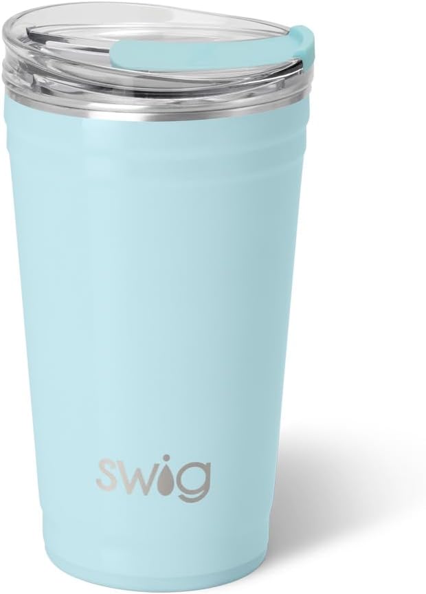 Swig Life 24oz Party Cup, Stackable Insulated Travel Coffee Tumbler with EZ Slider Lid, Cup Holder Friendly, Stainless Steel 24 oz Tumbler, Reusable Coffee Mug (Aquamarine)