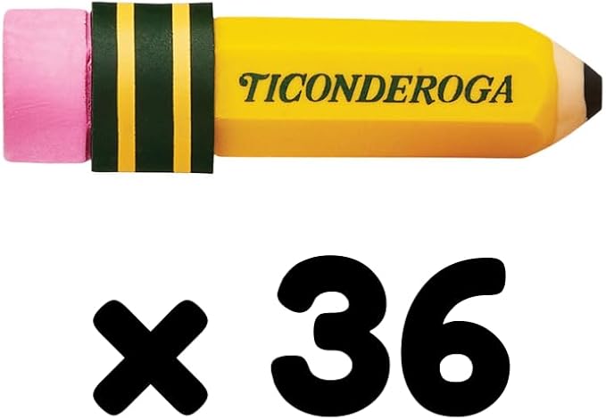 Ticonderoga Pencil Shaped Erasers (38953), 0.75" x 2.875", Yellow, 3/Pack, Class Set of 12 Packs, 36 Erasers Total