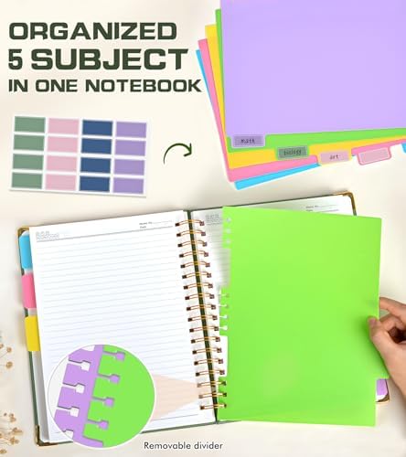Hardcover Spiral Notebook Journal with Removable Dividers Tabs, 300 Pages Organizer Notebooks for Work School, Leather 5 Subject Notebook College Ruled, 8"x10" Large Lined Journal for Women，Sage