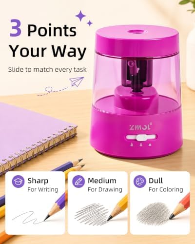 ZMOL Electric Pencil Sharpener, USB or 2 AA Powered, 6-8mm,Fuchsia