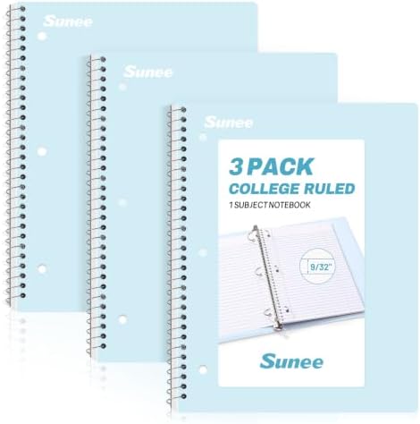 SUNEE Spiral Notebooks, 3 Pack, 1-Subject, College Ruled Paper, 8" x 10-1/2", 70 Sheets per Notebook, Blue