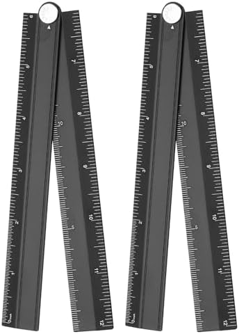 HARFINGTON 2pcs Folding Straight Ruler 12" SAE Aluminum Alloy Protractor Foldable Angle Ruler Geometric Measuring Tool with Angle Line for Architects Artists Designers Classroom Office, Black