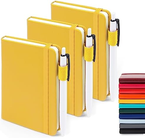 feela 3 Pack Pocket Notebook Journals with 3 Black Pens, A6 Mini Cute Small Journal Notebook Bulk Hardcover College Ruled Notepad with Pen Holder for Office School Supplies, 3.5”x 5.5”, Yellow