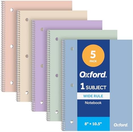 Oxford Spiral Notebooks, 5 Pack, Wide Ruled, 70 Sheets, Pastel Covers