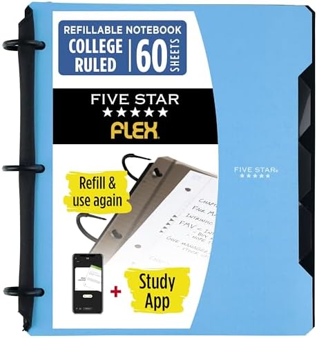 Five Star Flex Refillable Notebook + Study App, College Ruled Paper and 1 Inch TechLock Ring Binder with Pockets, Tabs and Dividers, 200 Sheet Capacity, Pacific Blue (293280AD2)