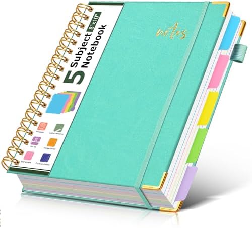 5 Subject Spiral Notebook Journal with Removable Dividers Tabs, 300 Pages Organizer Notebooks for Work School, 8"x10" Hardcover Leather Notebook College Ruled, Large Lined Journal for Women Men,Aqure