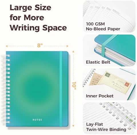 Hardcover Spiral Notebook Journal for Women & Men, Cute 5 Subject Notebook College Ruled for School & Work, Journaling Notebooks with Removable Dividers Tabs, 8" x 10", 300 Pages, Teal Gradient