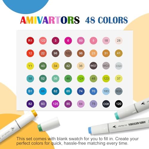 Alcohol Markers Brush Tip, 48 Colors Dual-Tip Artist Markers, Brush & Chisel, 3.5g Large-Capacity Ink, with Kickstand Case, For Adult Coloring, Sketching, Design, Comics and Gifts