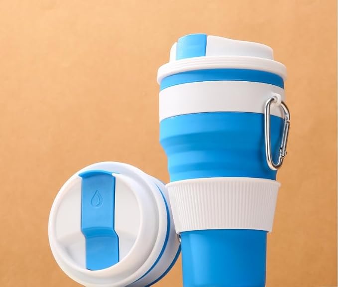 Foldable silicone coffee cup, 16 oz portable eco-friendly water cup with double lids, storage with hanging ring to save space, suitable for outdoor hiking, camping, cycling, car use (Blue 420ML)