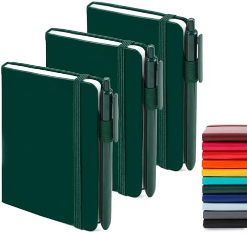 feela 3 Pack Pocket Notebook Journals with 3 Black Pens, A6 Mini Cute Small Journal Notebook Bulk Hardcover College Ruled Notepad with Pen Holder for Office School Supplies, 3.5”x 5.5”, Dark Green