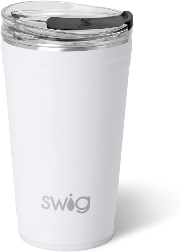Swig Life 24oz Party Cup, Stackable Insulated Travel Coffee Tumbler with EZ Slider Lid, Cup Holder Friendly, Stainless Steel 24 oz Tumbler, Reusable Coffee Mug (White)